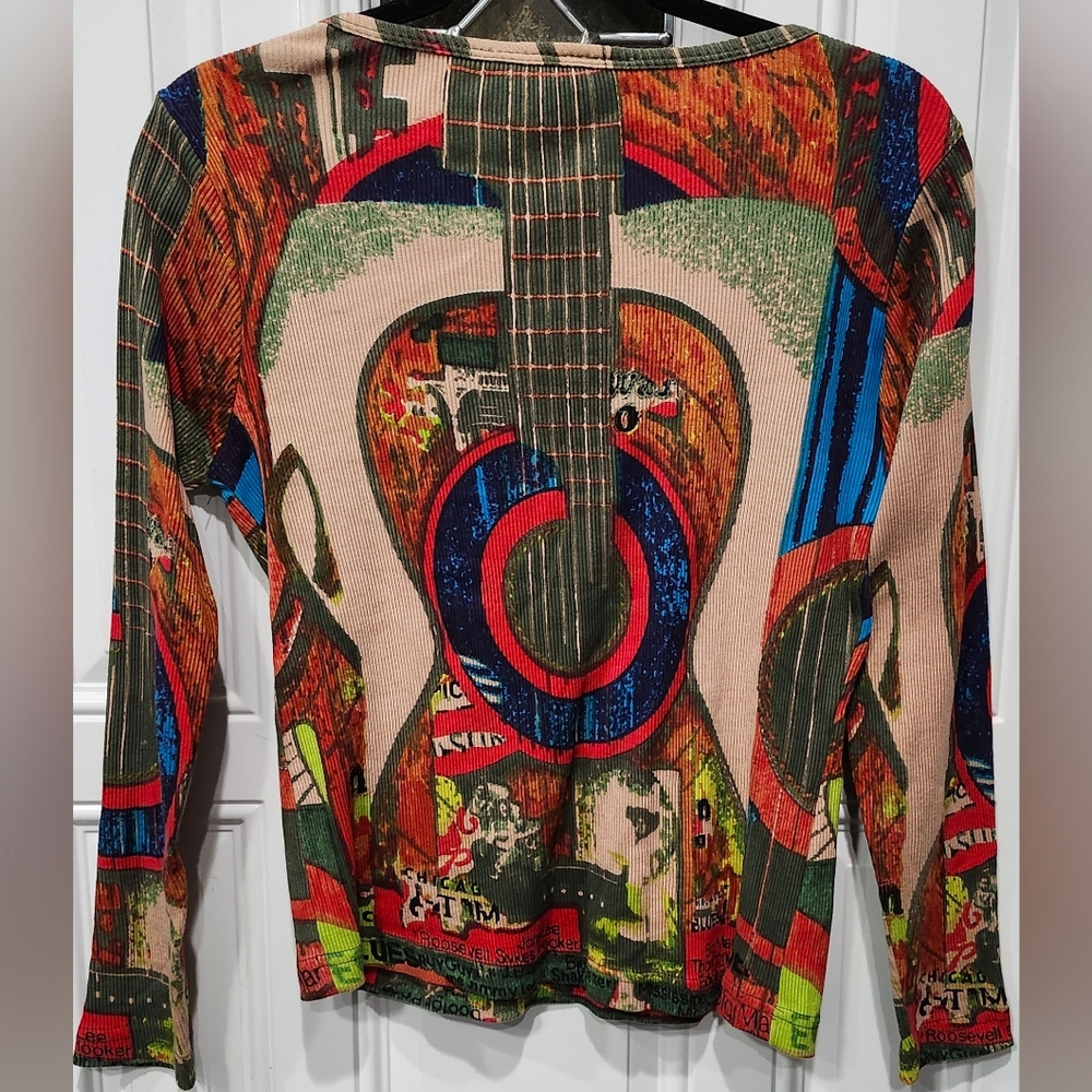 Vintage Carrie Allen 90s Bling Guitar Print Long Sleeve Ribbed Blouse Women's M - Picture 4 of 6